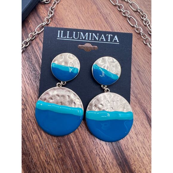 Illuminata Round Drop Earrings 20" Necklace Gold Tone Blue Green 2 Pc Set NEW! - Picture 4 of 9